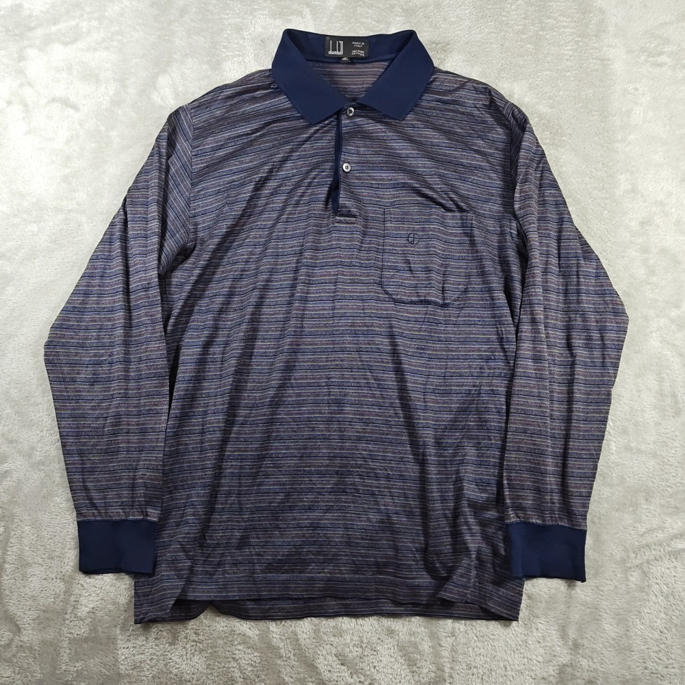 Vintage Dunhill Polo Shirt Mens 40 Blue Striped Long Sleeve Made in Italy